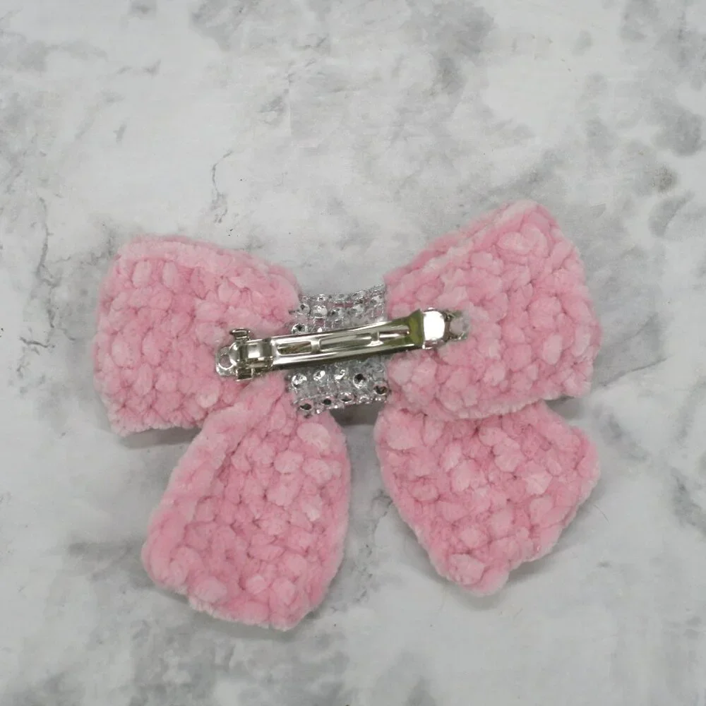 HAND CRAFTED Hair Bow Kids Crochet Chenille Velvet Hair Barrette Oversized Pink